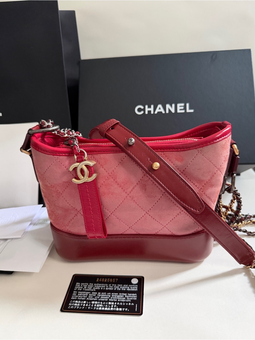 CHANEL Gabrielle Small Pink & Burgundy Quilted Crossbody FULL SET